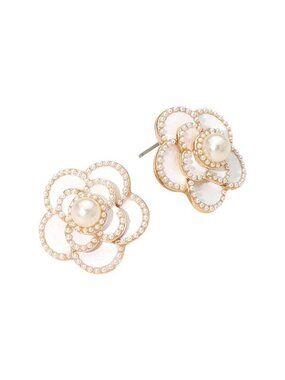 Tigerstars White Pearly Accent Camellia Flower Stud Earrings